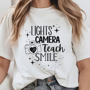 Lights Camera Teach Smile Teacher Tee, ICDIWABH, Back to School, Eras Inspired Merch, Classroom Decor, Tortured Poets Era, Teacher Gift