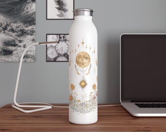 Celestial Moon Boho Flower Water Bottle, Floral Moon Design, Eco-Friendly Slim Travel Mug, Gift for Nature Lovers, Cosmic Lunar Water Bottle