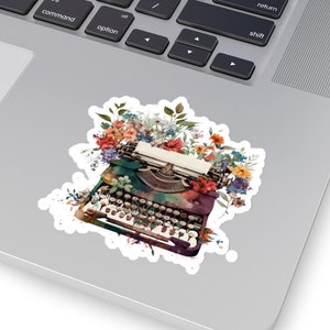 Schrijfmachine bloem sticker, vintage schrijfmachine esthetiek, laptop decor, schattige bloemen sticker, cadeau voor schrijver, retro sfeer, dagboek decoratie