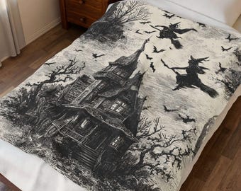 Spooky Halloween Velveteen Plush Blanket, Gothic Decor, Haunted House and Witch Throw, Autumn Decor, Halloween Gift, Witchy Home Accent