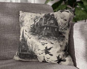 Spooky Halloween Pillowcase | Gothic Decor | Haunted House and Witch Cushion Cover (pillow insert not included) | Autumn Decor | Witchy Gift