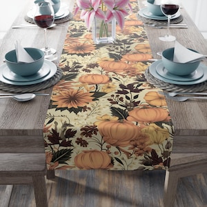 Autumn Table Runner with Pumpkins, Leaves & Flowers, Cottagecore Thanksgiving Decor, Friendsgiving Table Accent, Fall Decor, Harvest Table