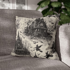 Spooky Halloween Pillowcase, Gothic Decor, Haunted House and Witch Cushion Cover (pillow insert not included), Autumn Decor, Witchy Gift
