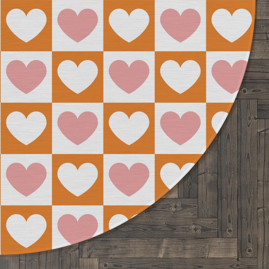 Heart Rug Classroom Retro Heart and Checkered Round Rug - Pink, Orange, White - Kids Room ...
