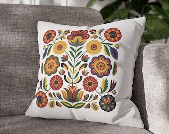 Blommigt folkkonst örngott, ljust överdrag för dekorativ kudde, boho vardagsrumsdekor, heminredning, present till henne, inflyttningspresent