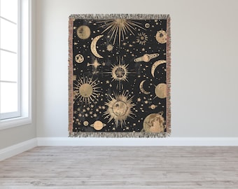Celestial Woven Blanket, Planets, Moons and Suns Blanket, Cosmic Design, Boho Home Decor, Astrology Lover Gift, Cozy Throw, Teacher Gift