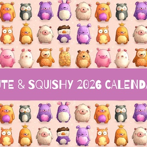 Cute & Squishy 2026 Wandkalender für Kinder, entzückender Plüschtier-Kalender, Cartoon-Kalender Geschenk für Tweens, Lehrer und Kawaii-Liebhaber