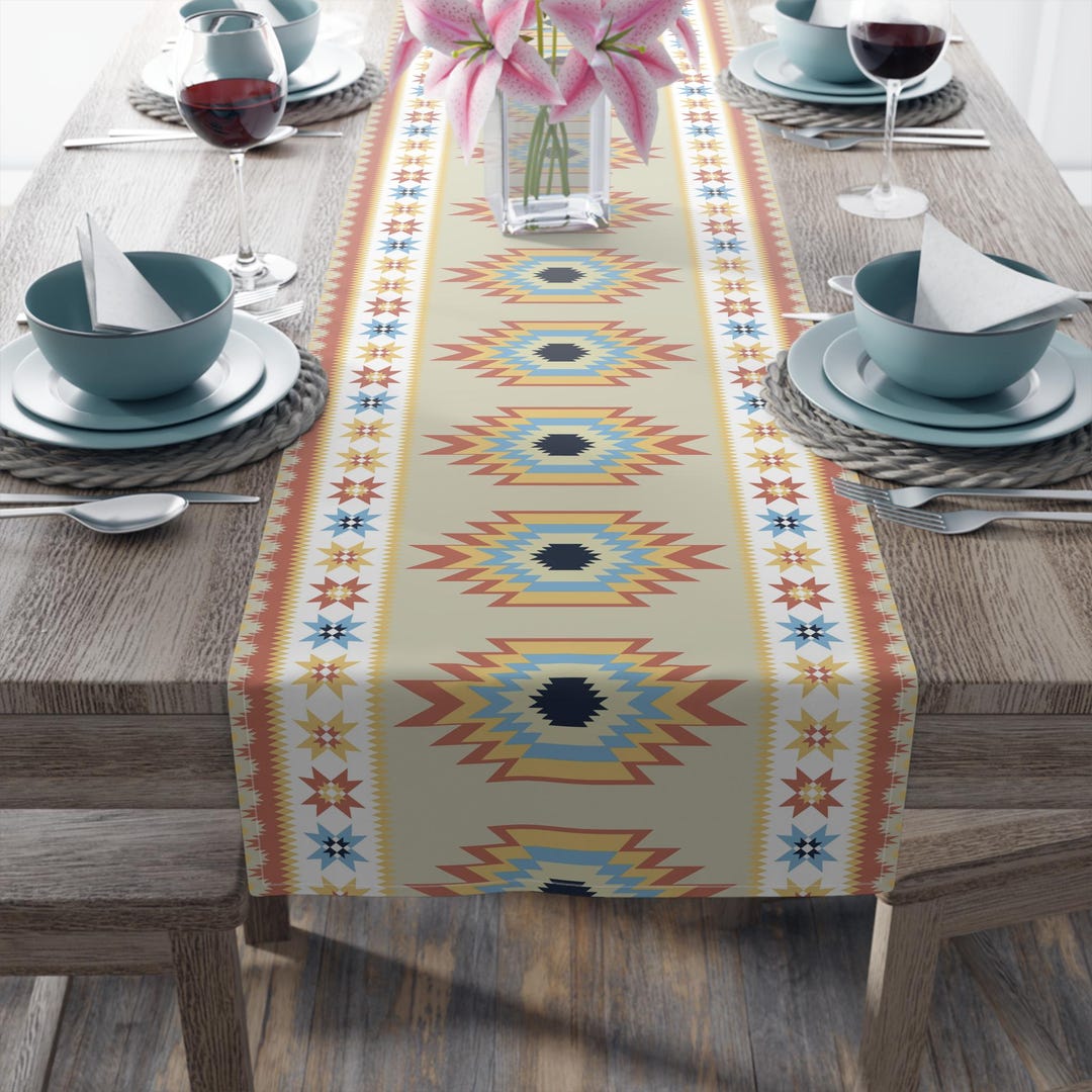 Runner Da Tavola Azteco Sud-Ovest Stile Boho - Finto Lino Con Nappe, Motivo Geometrico Tribale, 33x91 Cm, Beige