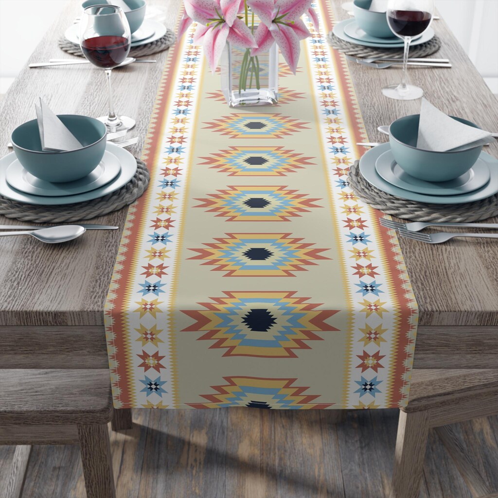 Runner Da Tavola Azteco Sud-Ovest Stile Boho - Finto Lino Con Nappe, Motivo Geometrico Tribale, 33x91 Cm, Beige