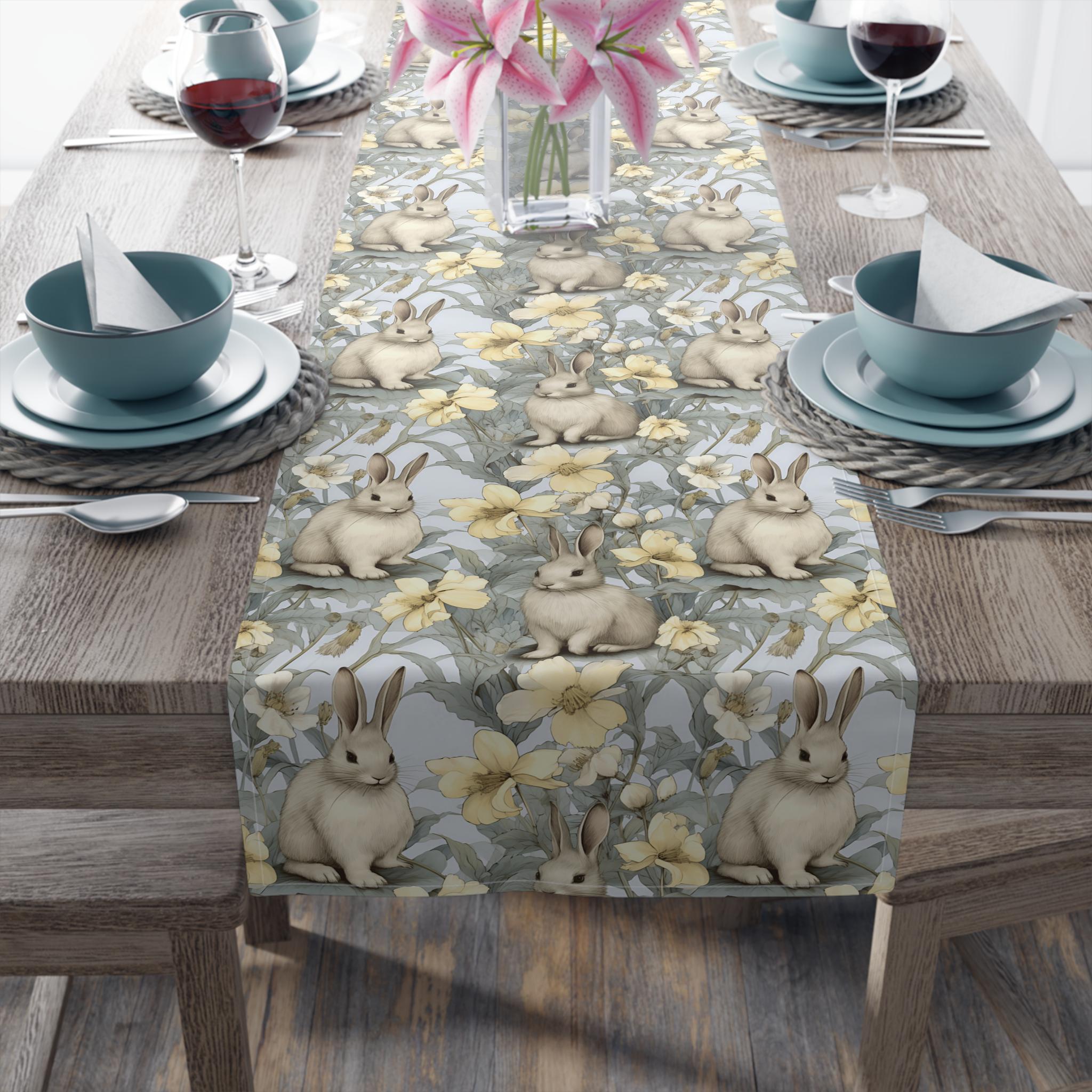 GRANDDECO Runner Da Tavola Pasquale - Coniglietti E Fiori Ricamati - 13x68 Cm - Lavabile In Lavatrice - 4