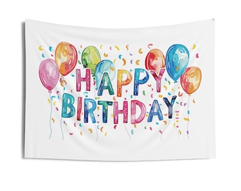 Happy Birthday Wall Tapestry, Colorful Birthday Balloons Banner, Reusable Party Backdrop for Kids, Adults, Home or Office, Celebration Decor