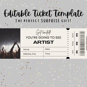 ÜberraschungsKonzertkarte, bearbeitbare Ticketvorlage, Geburtstagsgeschenk, Weihnachtsgeschenk, Ticketgeschenk, jeder Feiertag, jeder Künstler, DIY, drucken Sie Ihre eigenen aus