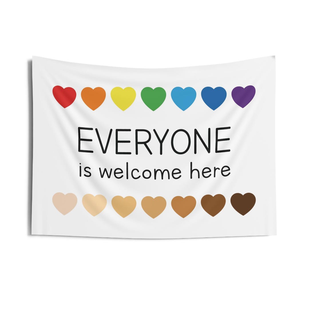 Photo inspiration: Visual Reference: Everyone Is Welcome Here Indoor Wall Tapestry Rainbow Hearts Skin