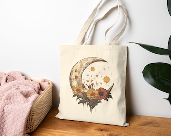 Boho Celestial Moon and Flowers Tote Bag, Vintage Sunflower Tote, Birthday Gift for Her, Astrology Lover, School Tote, Book Bag, Cosmic Gift