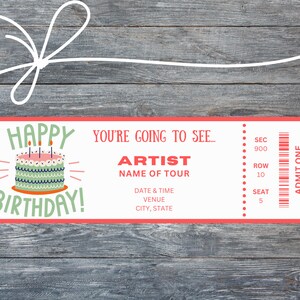 Op de afbeelding: Een verjaardagskaartontwerp met een rode rand. De kaart bevat de woorden "Happy Birthday!" en "You're going to see..." samen met ruimte voor artiest, tour, datum, locatie en stoelgegevens. Bovenop een witte strik.