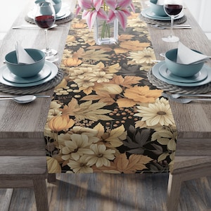 Autumn Vintage Floral Table Runner, Cottagecore Thanksgiving Decor, Friendsgiving Table Setting, Cozy Fall Leaves & Flowers Table Runner