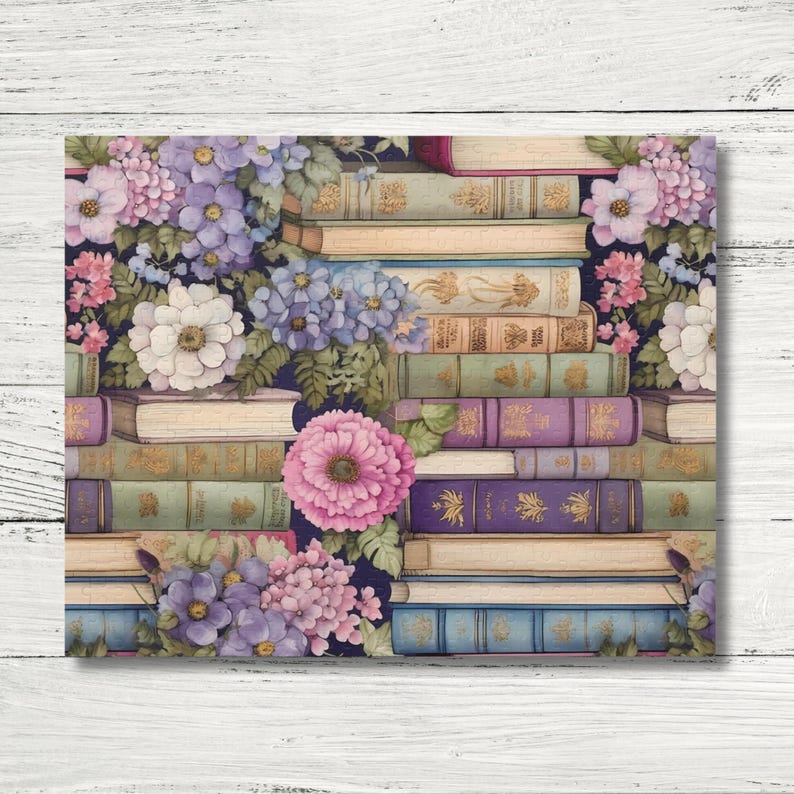 May include: A stack of vintage books with floral illustrations. The books are arranged in a vertical stack, with the spines facing out. The flowers are in shades of pink, purple, and white. The background is a dark blue.