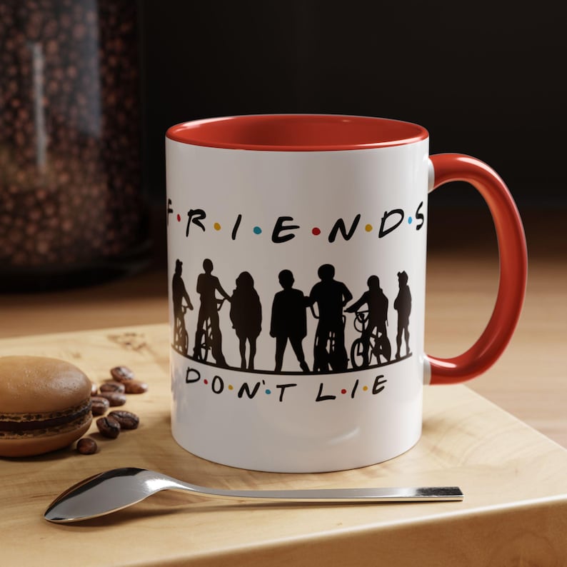 Friends Don't Lie Stranger Mug | 80s Sci-Fi Fan Gift | Pop Culture Crossover | Final Season Keepsake | Accent Coffee Mug | Horror Fan image 1