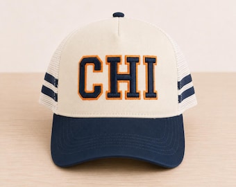 CHI Embroidered Trucker Hat | Chicago Football Inspired Hat | Navy & Orange Varsity Hat | Retro Game Day Cap | Vintage Sports Hat