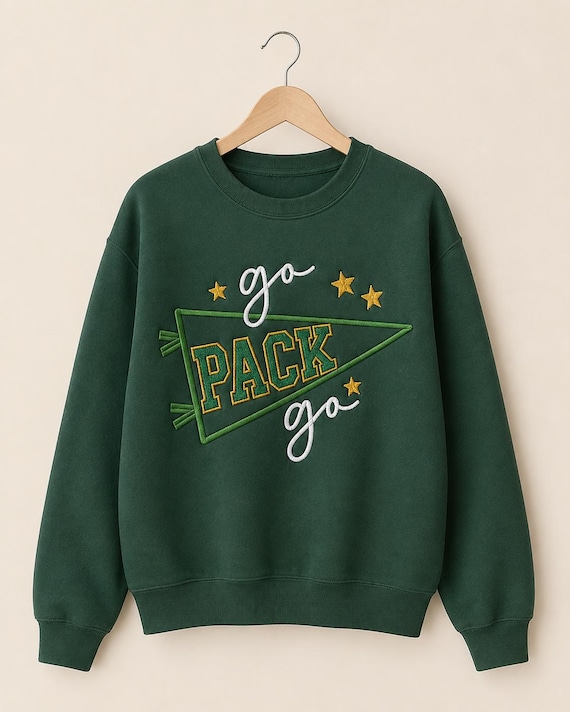 Go Pack Go Embroidered Crewneck Sweatshirt | Green & Gold Football Sweatshirt | Wisconsin Game Day Crewneck | Football Fan Gift