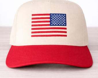 Vintage Style American Flag Hat | USA Snapback | Classic Americana or Blacked out Patriotic Cream Mid Profile Cap