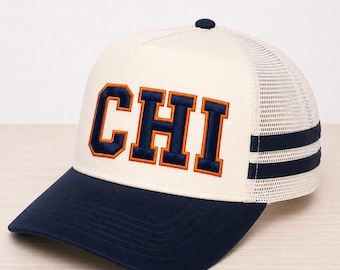 CHI Embroidered Trucker Hat | Chicago Football Inspired Hat | Navy & Orange Varsity Hat | Retro Game Day Cap | Vintage Sports Hat