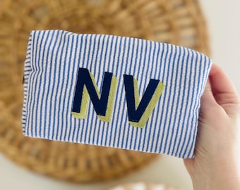 Personalized Makeup Bag | Monogram Seersucker Cosmetic Bag | Embroidered Initial Pouch | Bridesmaid Gift Bag