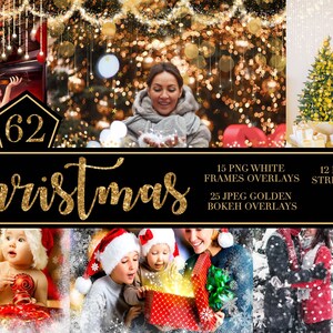 Puede incluir: 62 superposiciones navideñas para fotos. Incluye 15 marcos blancos, 12 luces de cadena doradas, 25 bokeh dorados y 10 superposiciones de niebla.