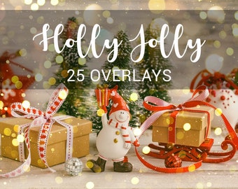 25 Christmas Photo Overlays: Golden Bokeh, Sparkle Effects (JPEG)