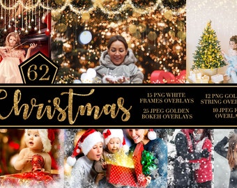 Christmas overlays Photoshop overlay Photo overlays Golden Bokeh overlays Golden string light White frames Snow Overlays Wedding holiday