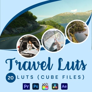 May include: A graphic design for a set of 20 travel LUTs (cube files) for photo and video editing software. The design features a blue background with a road winding through a mountain landscape, a person looking at a map, and an aerial view of a road and lake. The text "Travel LUTs" and "20 LUTs (CUBE FILES)" is displayed in a bold, white font. Icons for Premiere Pro, Photoshop, Final Cut Pro, DaVinci Resolve, and After Effects are displayed below the text.