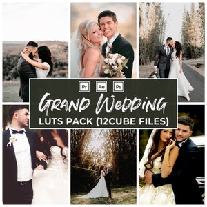 Puede incluir: Un collage de fotos de boda con una novia y un novio en varias poses. Las fotos están dispuestas en una cuadrícula con un fondo negro y el texto "Grand Wedding LUTs Pack (12cube files)" en blanco.