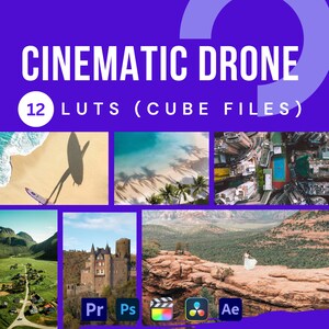 May include: A collection of 12 cinematic drone LUTs (cube files) for use in video editing software. The image shows a variety of landscapes, including beaches, cities, and mountains. The LUTs are compatible with Adobe Premiere Pro, After Effects, and Photoshop.