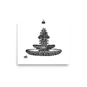 May include: Black and white line art print of a tiered fountain. The fountain has three levels with intricate, swirling patterns. A pineapple-like shape tops the fountain. The print is attached to a white background with a binder clip.