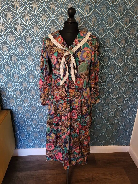 Vintage Midi Dress Paisley 1980s Colourful Lace Collar - Etsy
