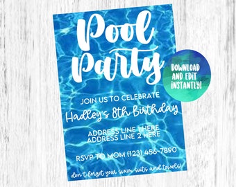 Pool Party Birthday Invitation Pool Party Invite Pool Swim Party Swimming Pool Summer Party Birthday Invitation