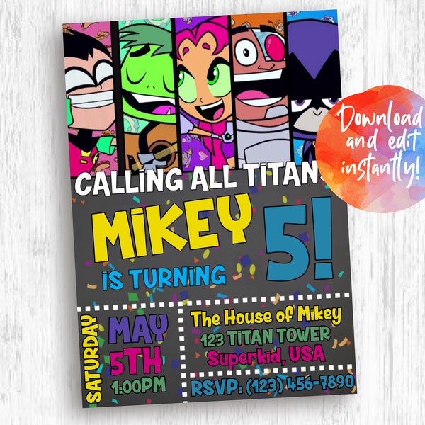 Teen Birthday Invitation Titans Teen Birthday Cartoon Robin Raven BeastBoy Cyborg Starfire Birthday Invite Boy Girl