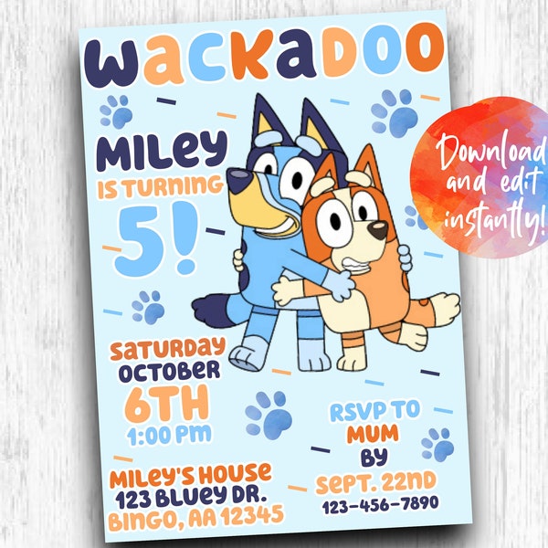 Bluey Birthday Invitation Bluey Invite Bluey and Bingo Party Invitation Bluey Bingo Mum Dad Birthday Party Invitation