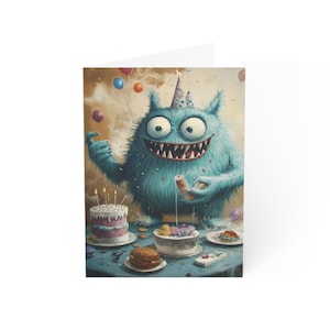 Cartes de voeux d'anniversaire monstre - invitations à une fête de créatures mignonnes, option de note manuscrite, lot de cartes personnalisées, dessin animé amusant