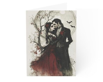 Tarjeta de San Valentín de vampiros góticos, papelería romántica de temática oculta.