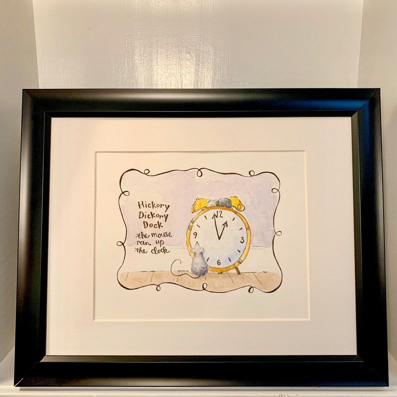 11x8.5 Matted Nursery Children\u2019s Art Hickory Dickory Dock