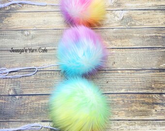 Luxury Faux Fur Multicolored Large Pom Poms, fake fur, blue, crochet, knit, white, snap button, 6 in, craft, pink, hat, beanie, purple,