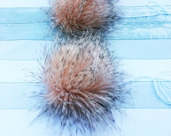 Luxury Faux Fur Pink/Feathered Brown Pom Poms - Extra Large Approx 8in, fake fur, crochet, knit, snap button, craft, hat, beanie