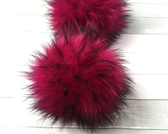 Extra Large Fuschia with Black Tipped Faux Fur Pompoms -  Approx 8in, 9 in, hat, slouch, fake fur, beanie, crochet, knit, snap button, pink