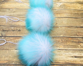 Luxury Faux Fur White/Blue Large Pom Poms - fake fur, blue, crochet, knit, white, snap button, 6 in, craft, large, hat, beanie