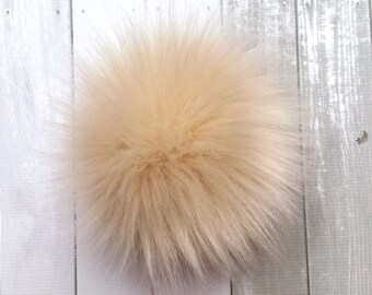 Luxury Faux Fur Latte Large 6inch Pom Poms, fake fur, brown, beige, crochet, knit, snap button, 6 in, craft, large, hat, beanie, accessories