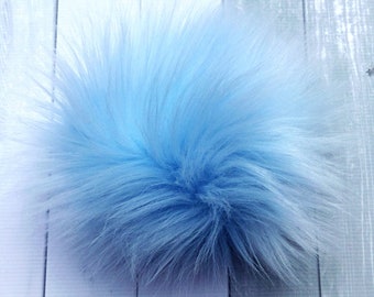 Luxury Faux Fur Powder Blue Large 6inch Pom Poms, fake fur, blue, crochet, knit, snap button, 6 in, craft, hat, beanie, accessories