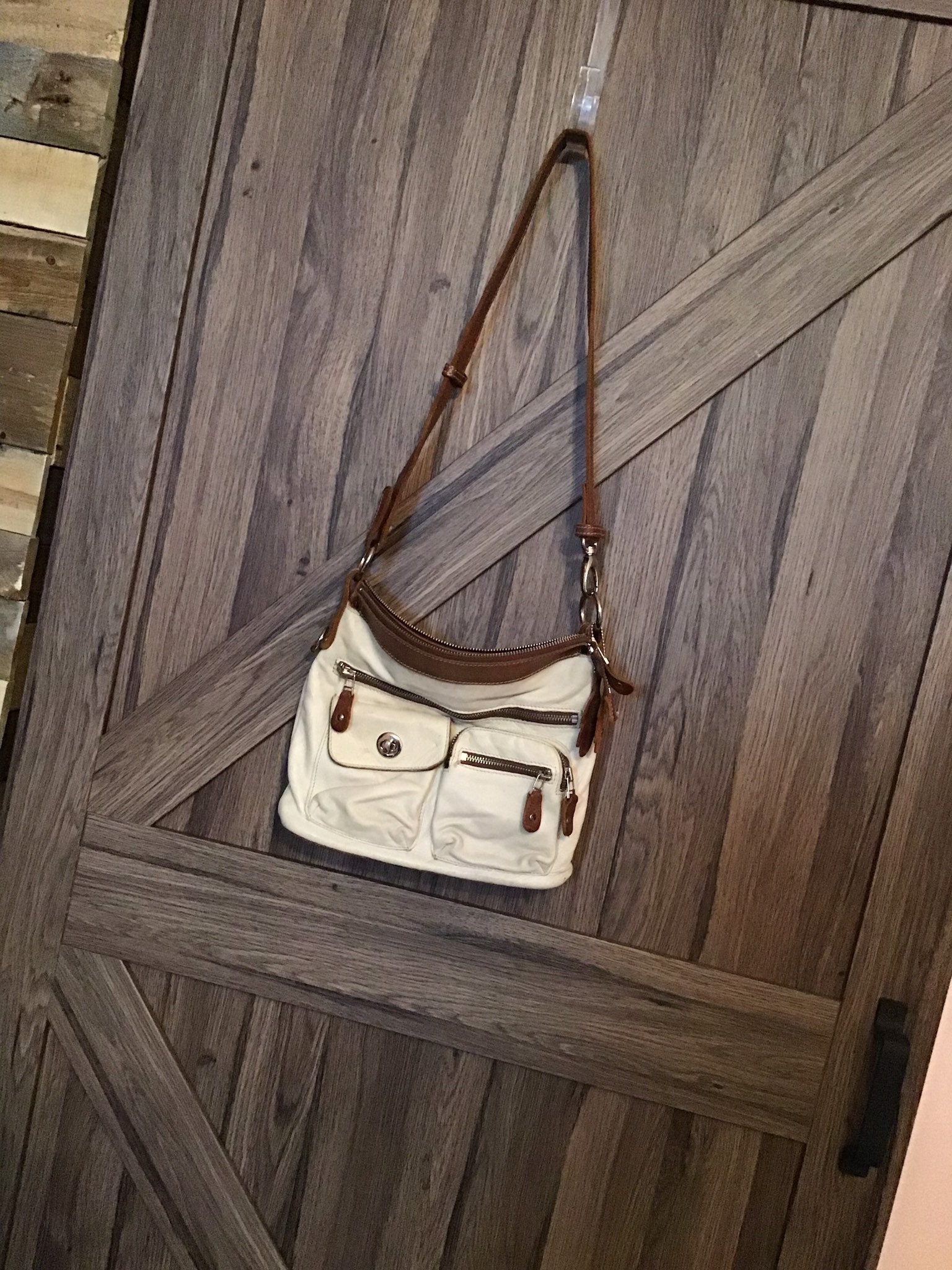 White and tan leather Roots crossbody purse Vintage Roots bag | Etsy