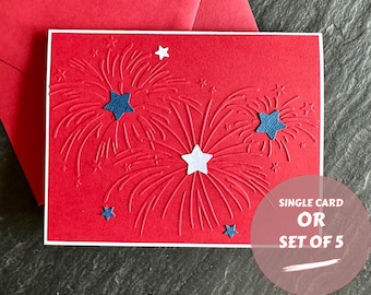 Embossed July 4th handmade greeting card in red white and blue, Independence Day card set, Fireworks card, Fourth of July, Personalized card