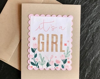 New baby girl card, Personalization optional, It’s a girl, Baby shower card, Baby congrats, Handmade greeting, Gender reveal, Baby reveal